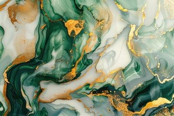 Green marble alcohol ink pattern with gold and white swirls in the style of various artists. Created with Ai
