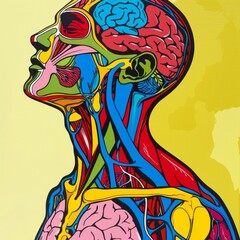A colorful painting of a human body with the head and neck missing
