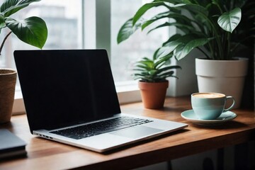 Fototapeta premium Cozy home office with a laptop, coffee cup, and plant with natural light and relaxed feeling.