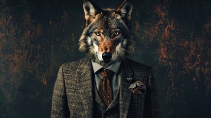 Wolf wearing a textured suit and tie with a flower lapel pin. Studio portrait on a dark background. Strength and leadership concept for design and print