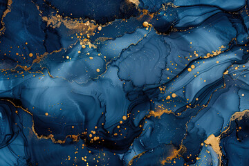 A dark blue alcohol ink background with golden swirls and patterns, evoking the feeling of luxury and elegance. Created with Ai
