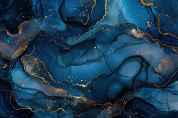 A background with dark blue alcohol ink, with golden veins and swirls of watercolor patterns. Created with Ai