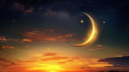Fototapeta premium Crescent moon with beautiful sunset background . crescent moon with star for Eid celebration . Light in dark sky 