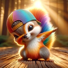 Obraz premium A cute cartoon squirrel with a rainbow colored tail and hat strikes a dab pose.