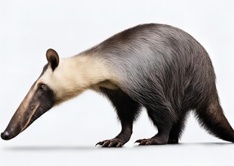 Fototapeta premium A Giant Anteater (Myrmecophaga tridactyla) isolated on a white background with a clipping path included. The zoo animal, characterized by its long tail and elongated nose, is walking while facing side
