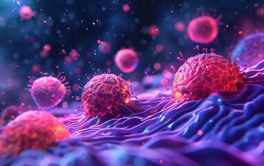 Drug targeting cancer cell 3D model flat design front view, advanced therapy theme, cartoon drawing, vibrant colors, detailed molecules