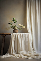Vase with flowers on table with white cloth.