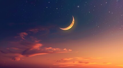 Naklejka premium Crescent moon with beautiful sunset background . crescent moon with star for Eid celebration . Light in dark sky 