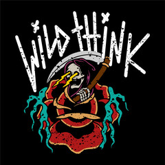 vector illustration artwork tracing skull skeleton grim reaper lettering typography text. Can be used as Logo, Brands, Mascots, tshirt, sticker,patch and Tattoo design