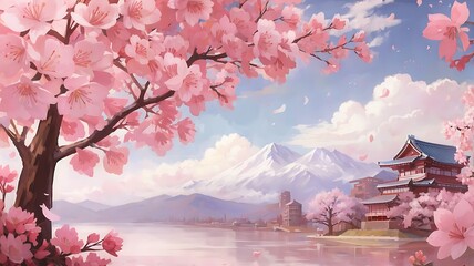 sakura background view with mountain