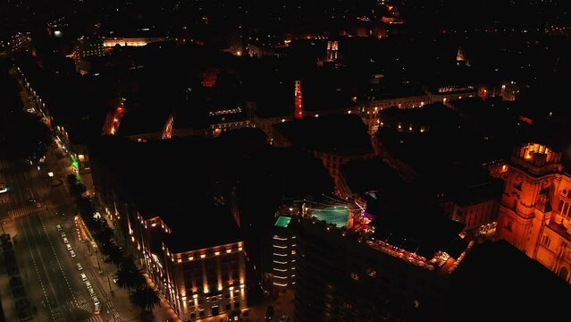 Aerial View of Malaga Cathedral at Night in Andalusia, Spain. 4K Drone