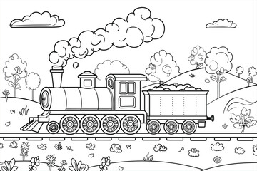 Coloring Pages with train for kids, Vector black and white steam train. Public transport icon or coloring page isolated on white background. © MD REJAUL KARIM	
