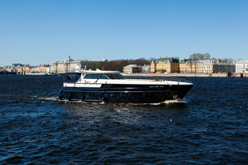 Stylish, comfortable 23-meter VIP-class motor yacht ATLANTIS III on the Neva. Saint Petersburg....