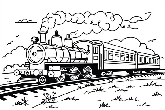 Coloring Pages with train for kids, Vector black and white steam train. Public transport icon or coloring page isolated on white background.