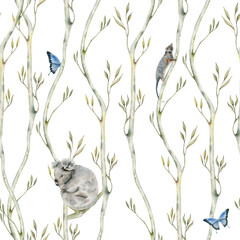 Seamless pattern with sleeping koala, possum and butterfly. Watercolor illustration on transparent background. Hand drawn australian animal and floral print for children room wallpapers and clothes © Svetlana