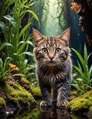 Galactic Feline Haven: Where Alley Cats Roam Among Extraterrestrial Flora and Stellar Sand