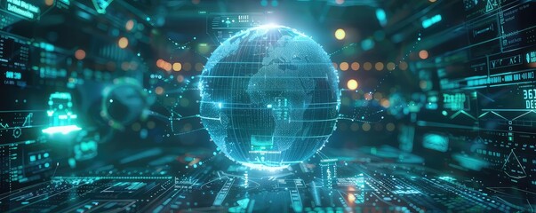 Obraz premium Holographic globe, advanced data analytics, digital interface, futuristic setting, neon blue and green, hightech, innovation in global connectivity, 3D rendering
