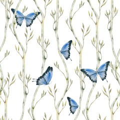 Seamless pattern. Blue butterflies on green branches with elegant leaves. Watercolor illustration on transparent background. Hand drawn botanical surface design for wallpapers, fabrics and prints