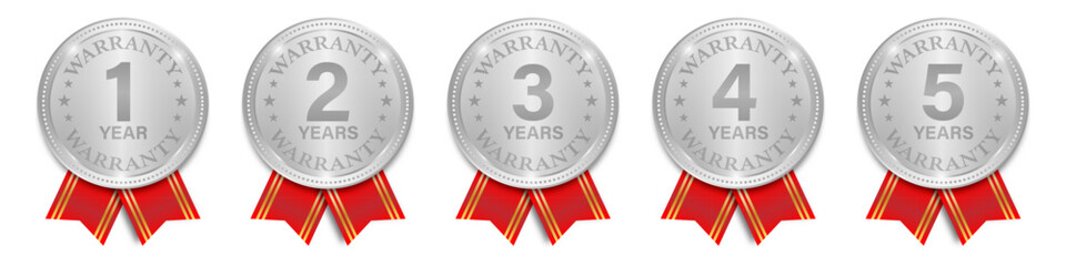 Set of Warranty Sign. 1,2,3,4,5 Years Warranty. Vector Illustration Isolated on White Background. 