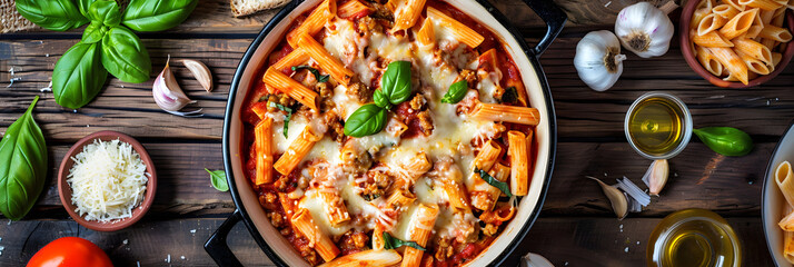 Delicious Baked Pasta - Authentic Italian Ziti Pasta Dish With Ground Meat, Tomato Sauce and Melted Cheese