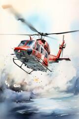Red helicopter flying through cloudy sky above the ocean.