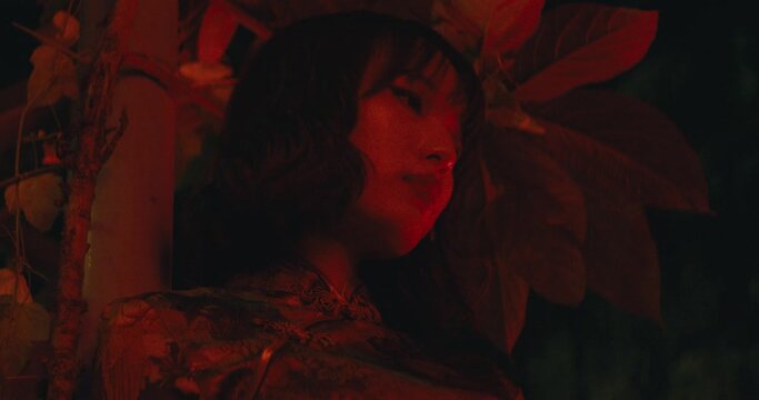 low angle portrait of asiatic young model woman brunette with make up in red light cinematic