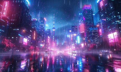 Obraz premium Innovative city skyline, futuristic architecture, flying cars, holographic advertisements, neon lights, night scene, highresolution, cyberpunk style