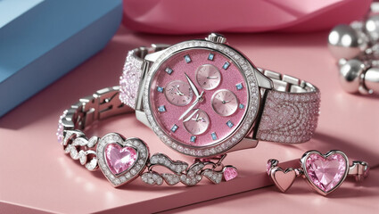 Two pink heart-shaped watches with pink bands are displayed on a bed of pink flowers and gems.

