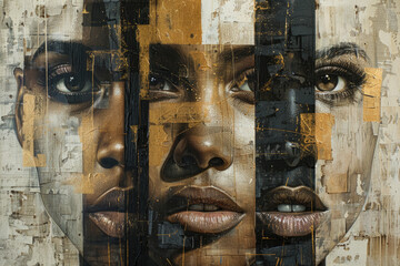 A detailed oil painting of three African faces, each with different expressions and skin tones. Created with Ai