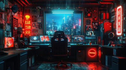 A dark and moody gaming room with a large window looking out onto a city at night. The room is full of high-end gaming equipment and neon lights.