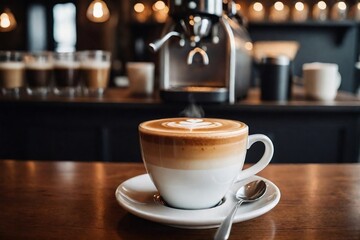 Fototapeta premium Freshly brewed coffee with latte art in a cozy cafe, selective focus, blurred background with copy space.