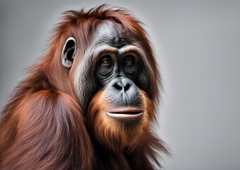 Portrait of Asian orangutans on a white background.
