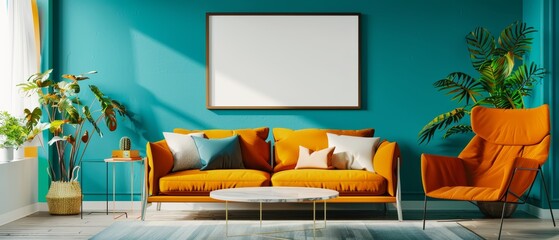 A bright and lively living room with a teal wall, a colorful sofa, a stylish chair, and an empty poster frame