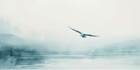 Obraz premium Watercolor painting of a seagull flying alone in the middle of the sea. Use for wallpapers, posters, postcards, brochures.