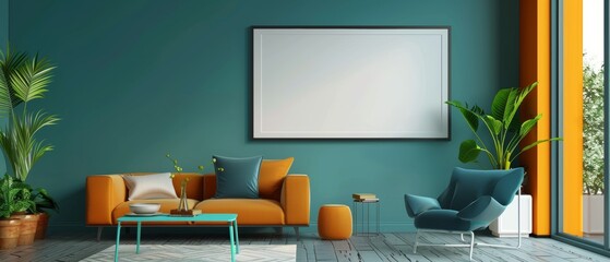 A chic and stylish living room with a teal wall, a colorful sofa, a sleek chair, and an empty poster frame