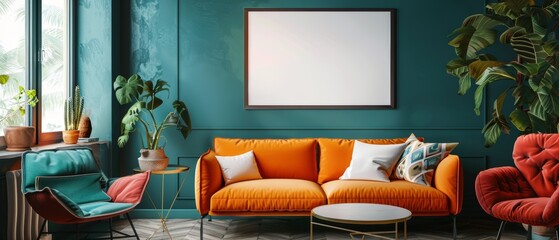 A cozy and stylish living room with a teal wall, a vibrant sofa, a modern chair, and a blank poster frame