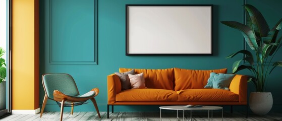 A cozy and stylish living room with a teal wall, a vibrant sofa, a modern chair, and a blank poster frame