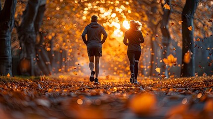 A couple jogging in a park with autumn leaves on the ground - Powered by Adobe