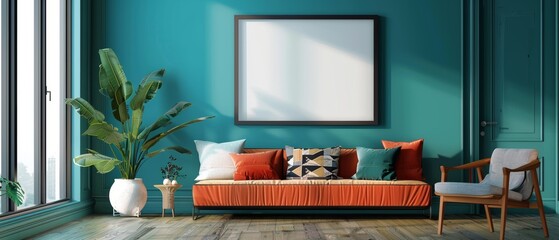 A modern and chic living room with a teal wall, a colorful sofa, a sleek chair, and a blank poster frame