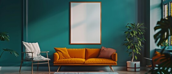 A modern Scandinavian living room with a teal wall, a colorful sofa, a sleek chair, and a poster frame