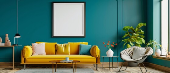 A modern Scandinavian living room with a teal wall, a colorful sofa, a sleek chair, and a poster frame
