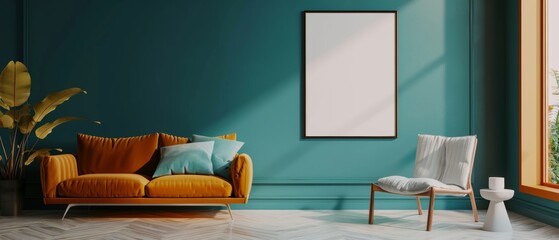 A Scandinavian living room with a teal wall, a bright sofa, a modern chair, and an empty poster frame