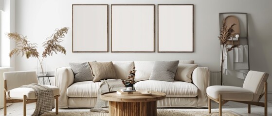 A stylish living room featuring a round wooden coffee table, a light sofa, and a blank mock up frame on the wall