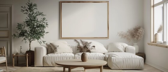 Obraz premium A stylish living room with a round wooden coffee table, a light sofa, and a blank mock up frame on the wall