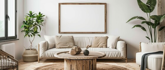 A stylish living room with a round wooden coffee table, a light sofa, and a blank mock up frame on the wall