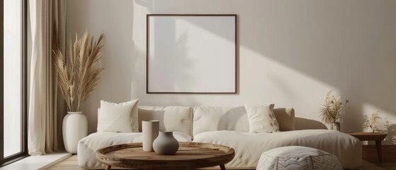 A stylish living room with a round wooden coffee table, a light sofa, and a blank mock up frame on the wall