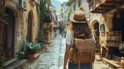 A woman with a backpack exploring a charming European street lined with colorful plants and rustic architecture on a sunny day.