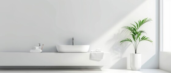 Fototapeta premium Minimalist bathroom with a white sink, a single towel, and a small plant, clean and fresh design, white background