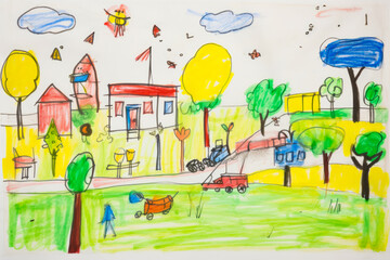 Drawing of city with trees and buildings and person walking.