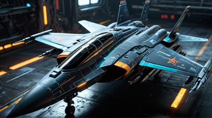 Obraz premium Electrifying Sky Guardians: Futuristic Fighter Jet in Neon Glow, Abstract Black Oil, and Detailed Acrylic